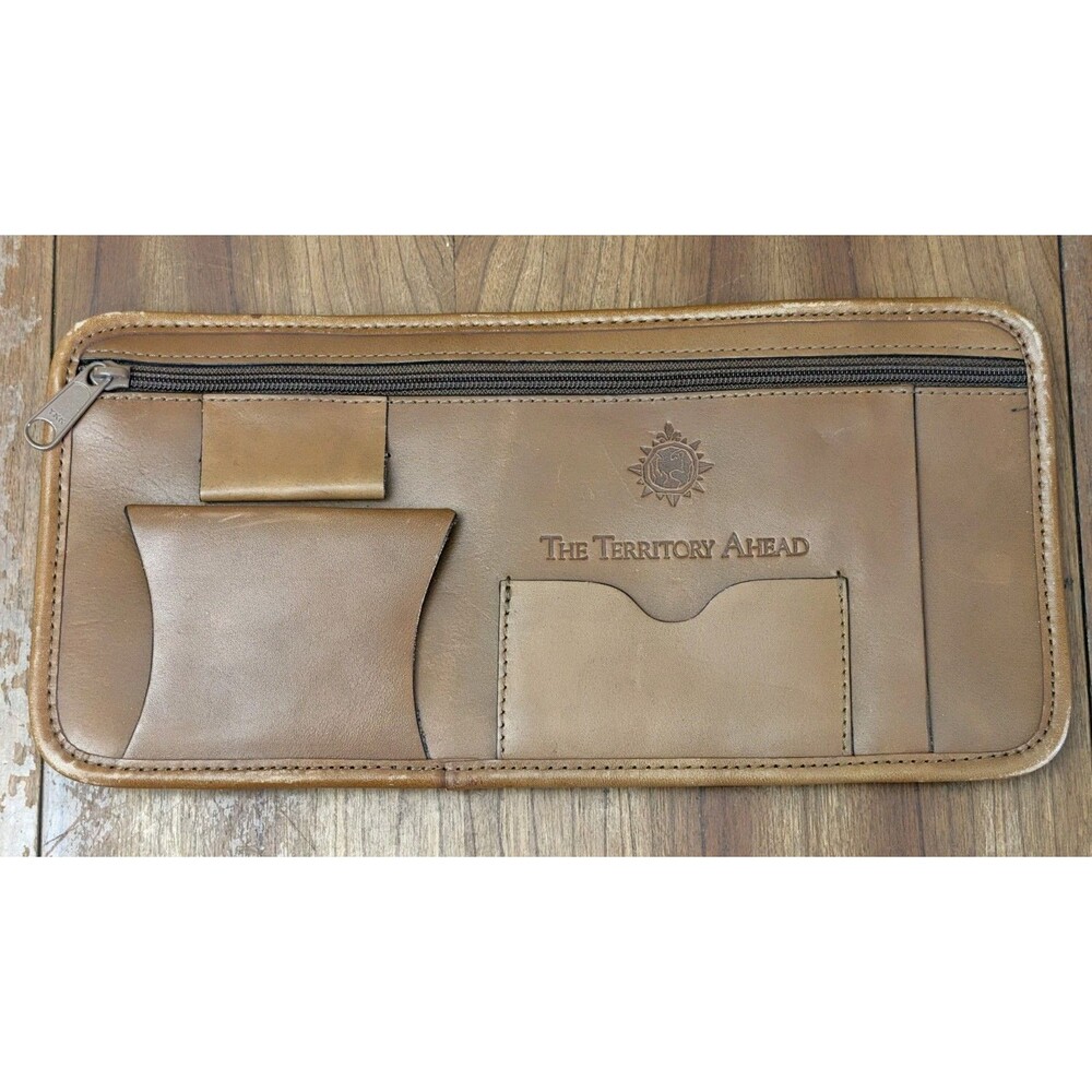 VTG The Territory Ahead Brown Leather Car Visor Organizer Travel Wallet Pouch